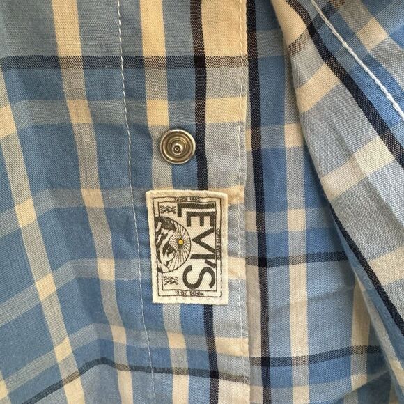 Levi's Western Shirt Adult XL Blue White Plaid Pearl Snap Short Sleeve Men's - Picture 5 of 6